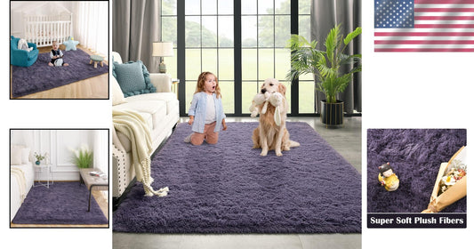 Fluffy 10x12 Gray Purple Area Rug - Non-Slip Carpet for Living Room & Bedroom