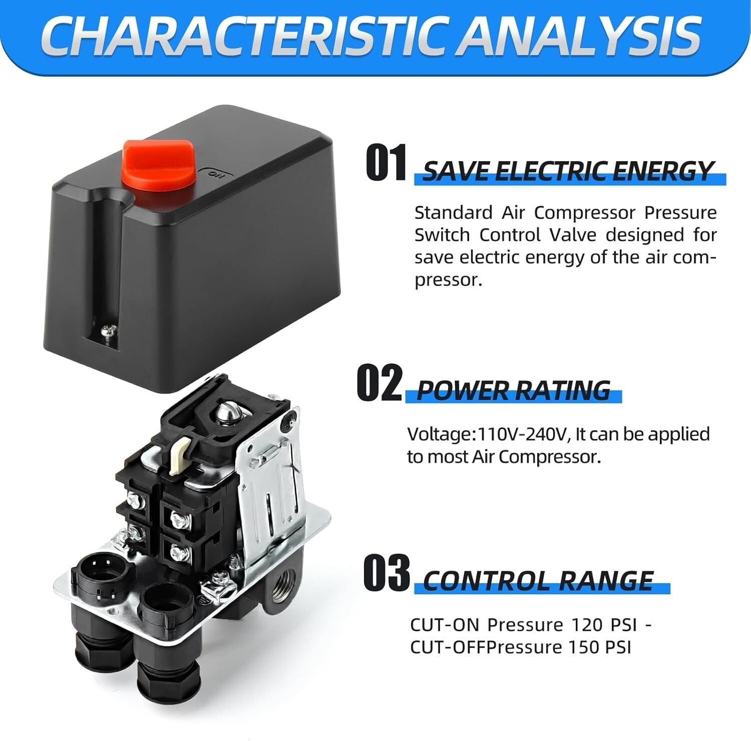 4-Way Pneumatic Air Compressor Pressure Switch with Safety Relief Valve Included