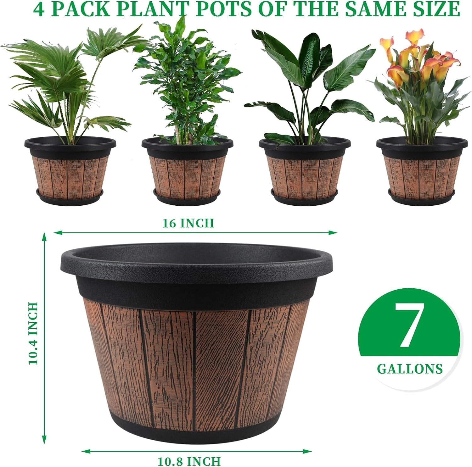 Sturdy 4 Pack 16 Inch Round Planters with Drainage Holes - Rustic Brown Finish
