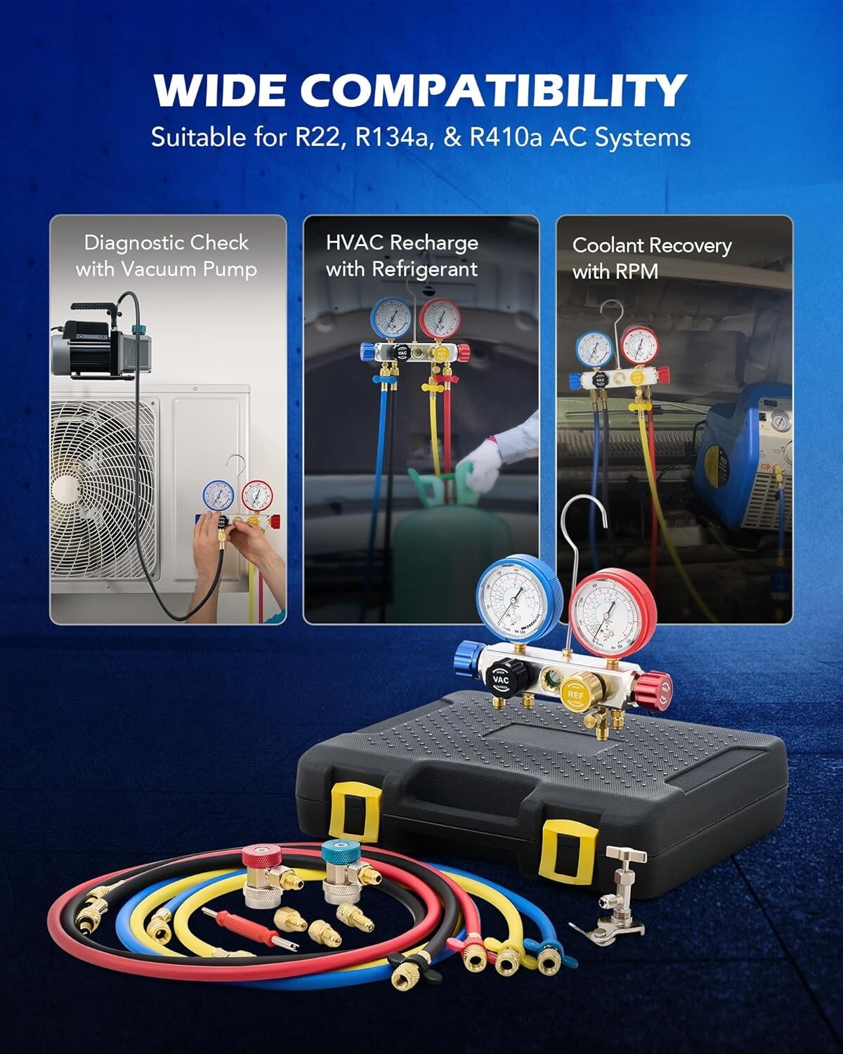 Automotive AC Diagnostic Tool Set with Color-Coded Hoses & Pressure Gauges