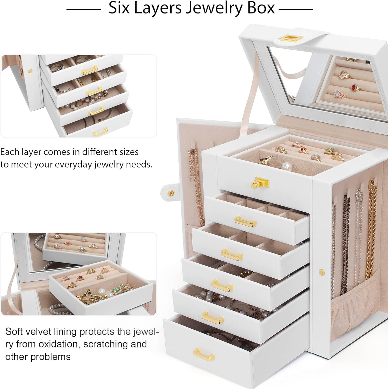 Stylish White Jewelry Box with 5 Drawers & Mirror - Ideal for Rings & Necklaces