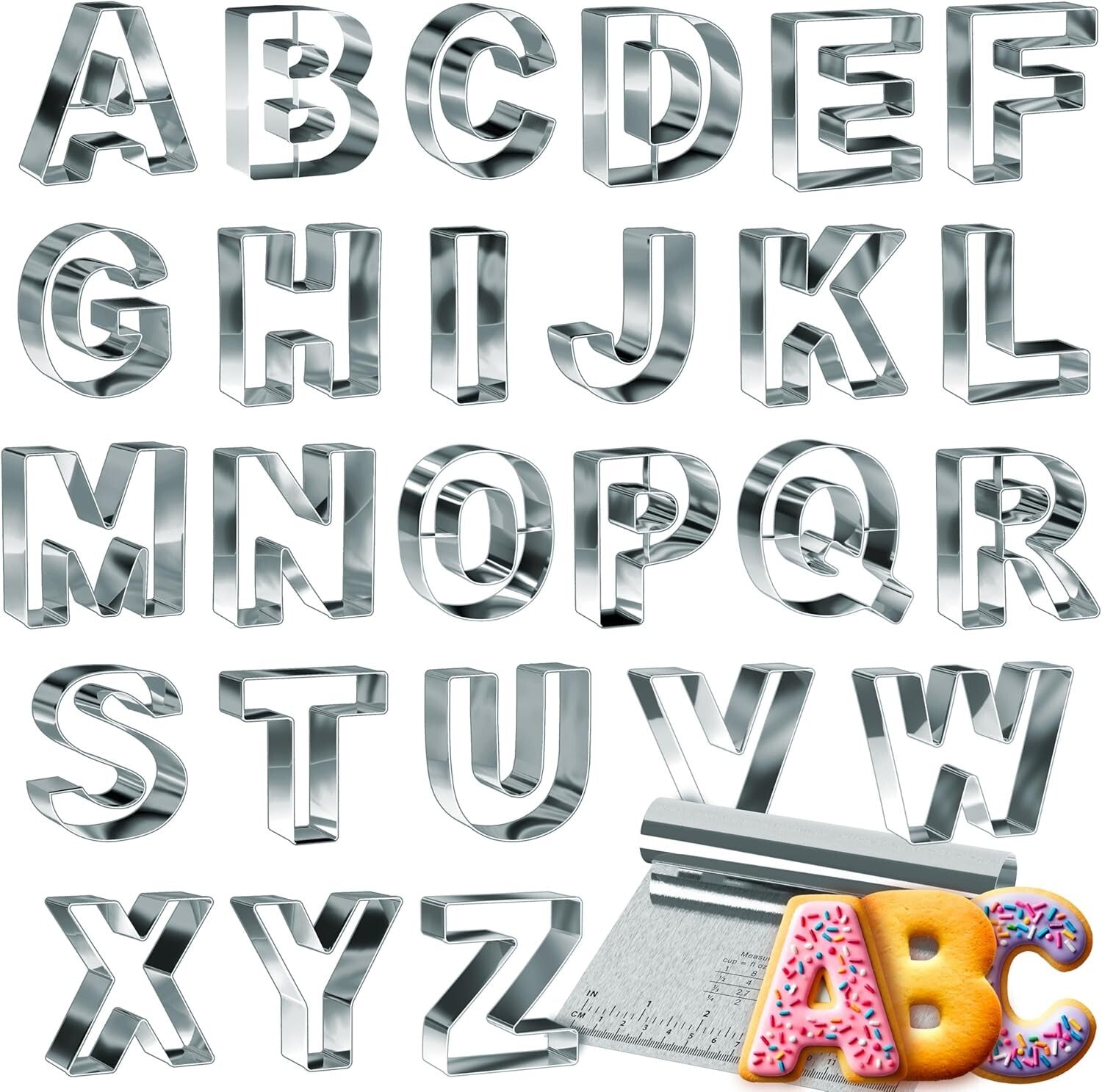 Polished Stainless Steel 3.5" Alphabet Cookie Cutters - 26 Piece Set for Bakers