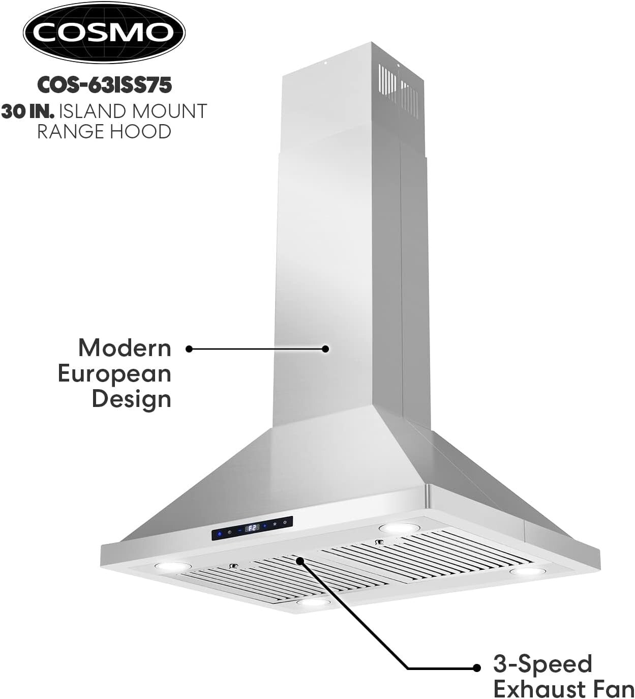 380 CFM Island Mount Range Hood with Touch Controls & Dishwasher-Safe Filters