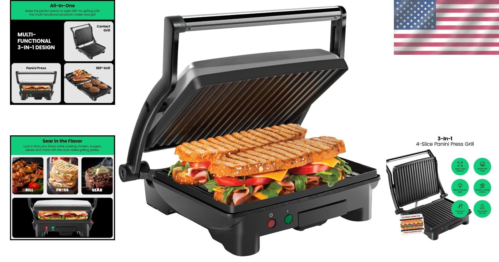 Effortless 4 Slice Panini Press with Non-Stick Plates - Ideal for Small Kitchens