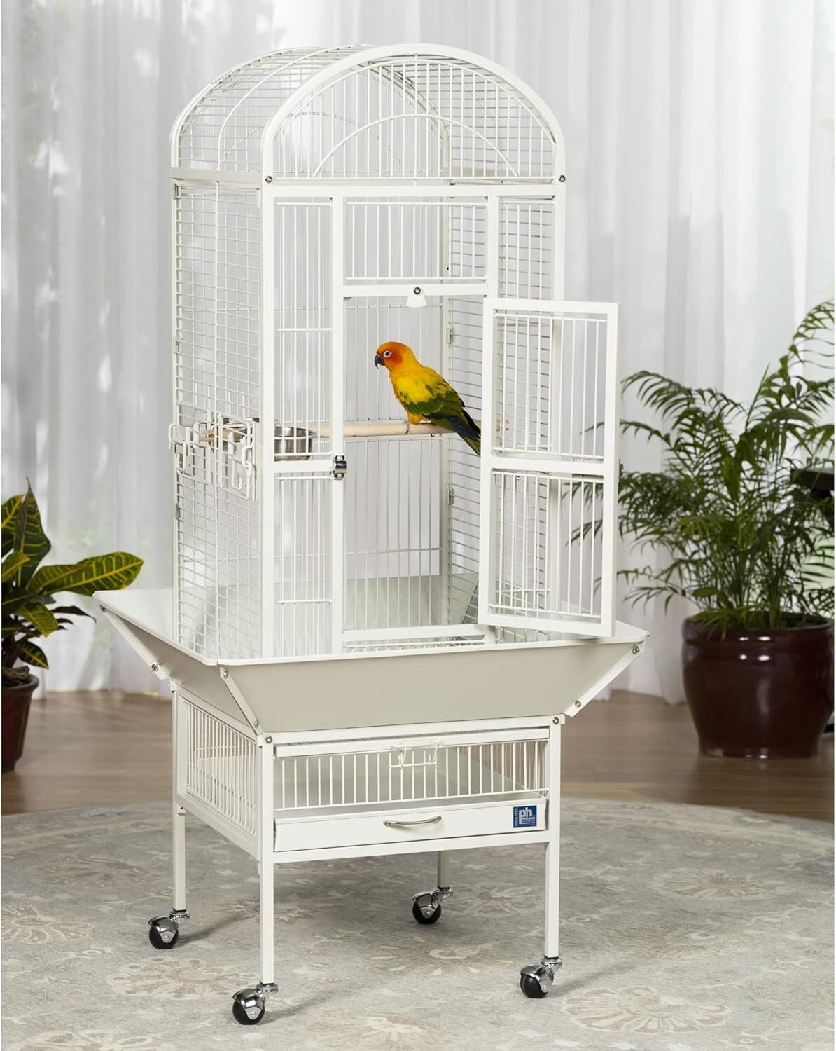 Chalk White Wrought Iron Bird Cage with Rounded Seed Guards and Rolling Stand