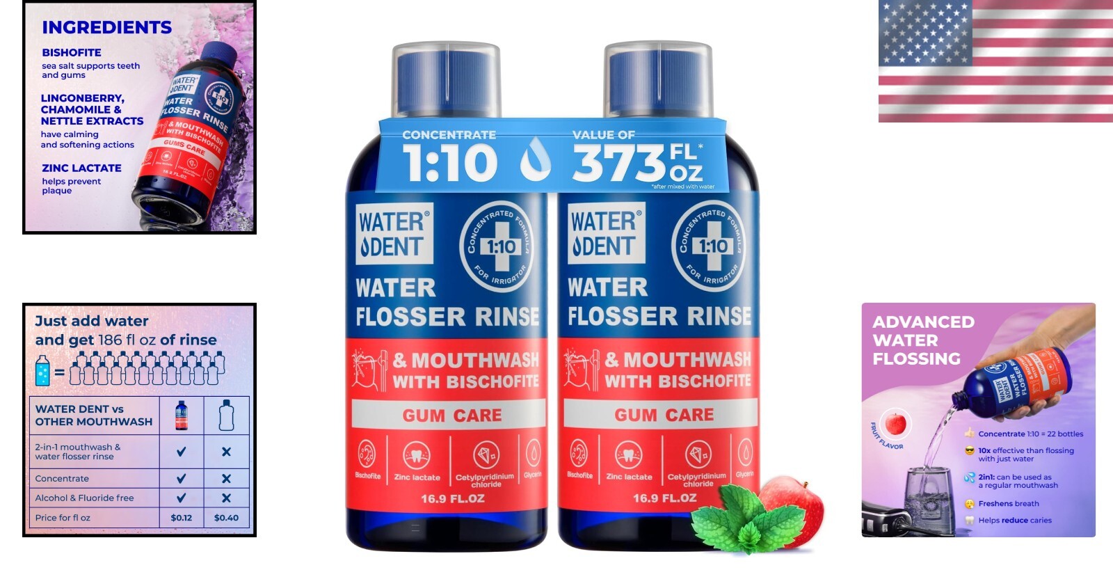 Fruit-Flavored Water Flosser Rinse for Plaque Removal & Fresh Breath (2-Pack)