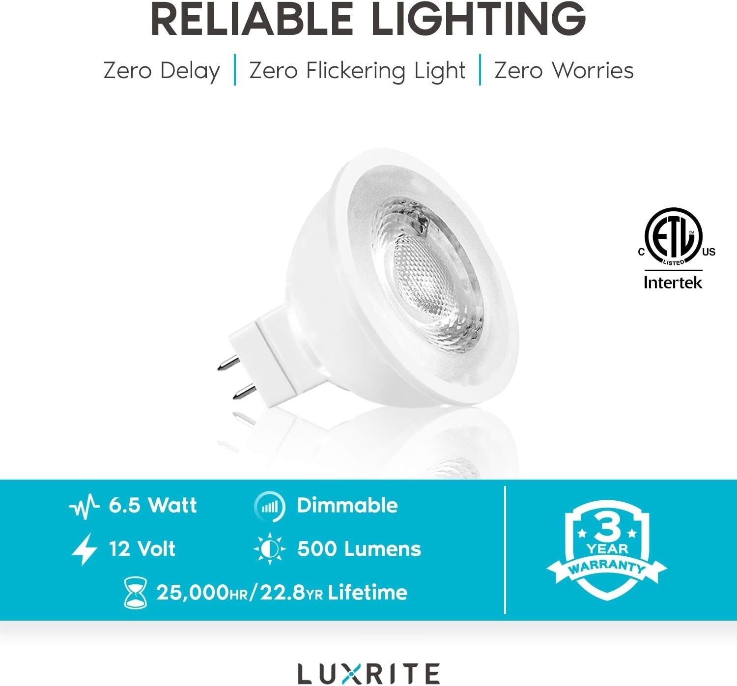 Energy Efficient 6.5W MR16 LED Spotlight Bulbs, 500 Lumens, Bright White 6-Pack