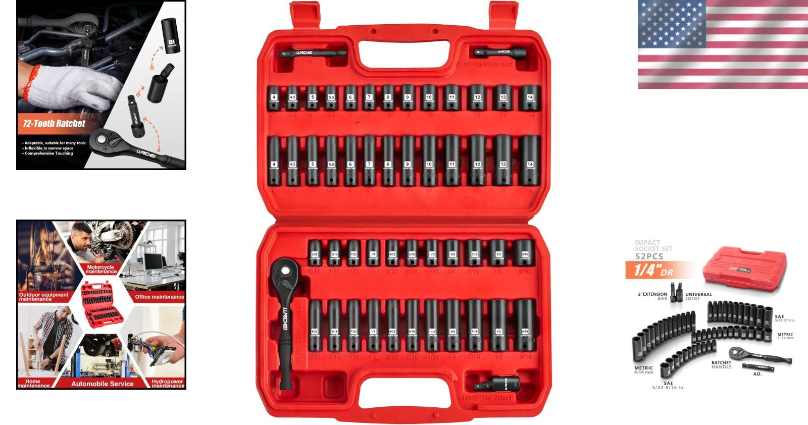 Durable 1/4” Drive Socket Set - 72-Tooth Ratchet, SAE & Metric Sockets Included