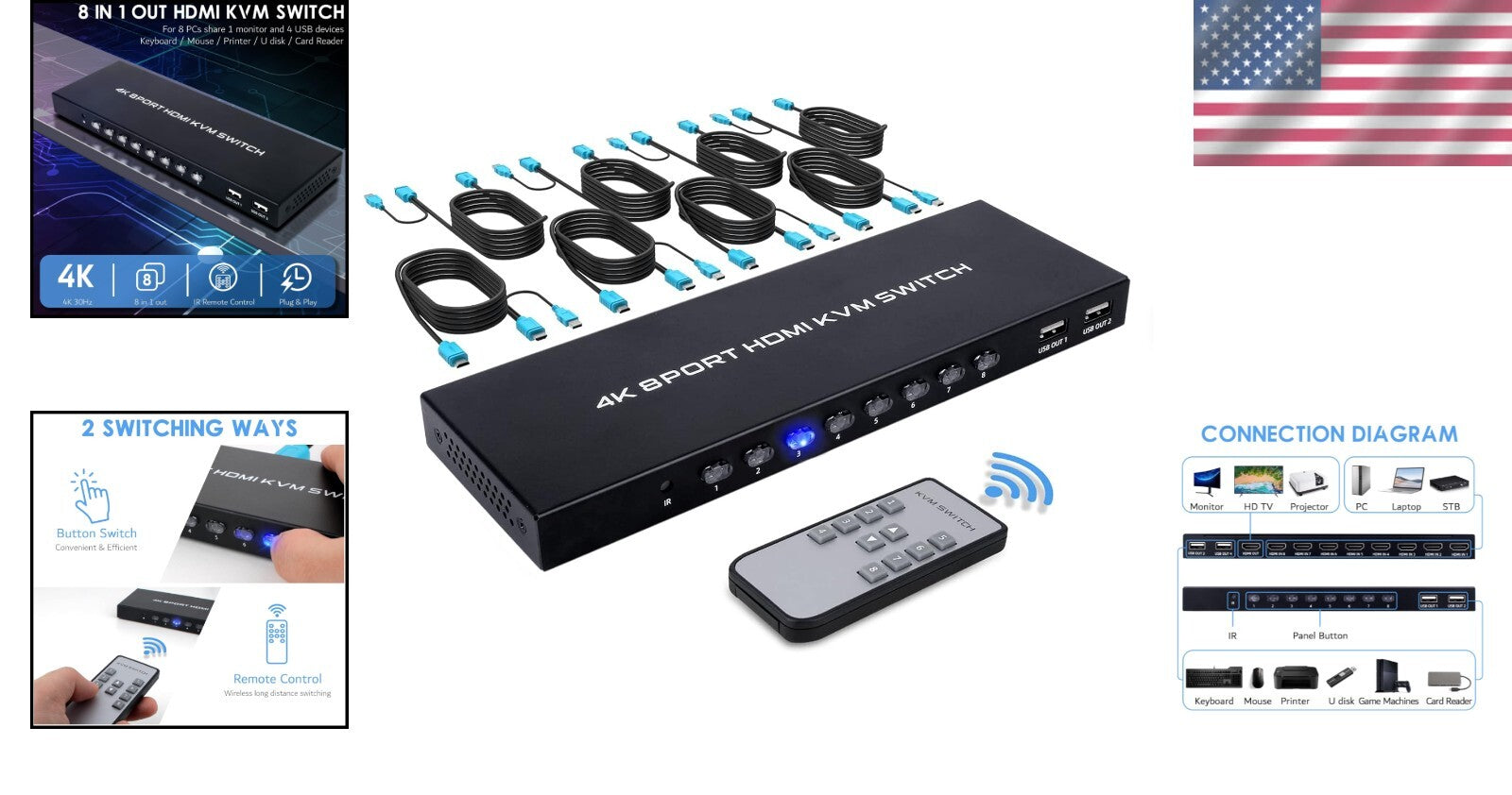 8-Port HDMI KVM Switch 4K@30Hz for Seamless PC Control with Included Cables
