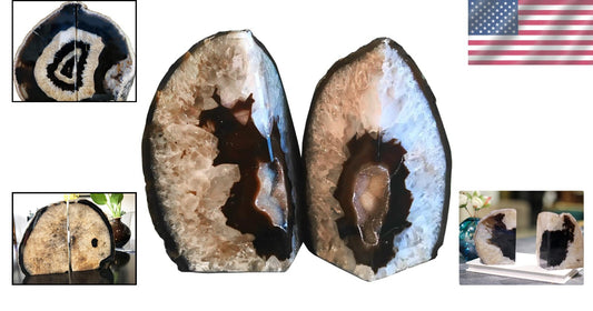 Elegant Heavy Duty Black Agate Bookends with Rubber Bumpers - Unique Decor