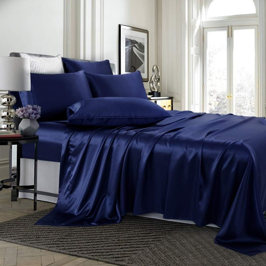 6-Piece Navy Blue King Size Satin Sheet Set - Deep Pocket & Luxurious Comfort
