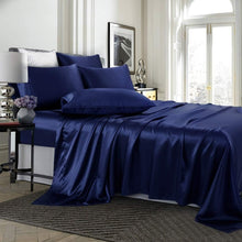 Load image into Gallery viewer, 6-Piece Navy Blue King Size Satin Sheet Set - Deep Pocket &amp; Luxurious Comfort