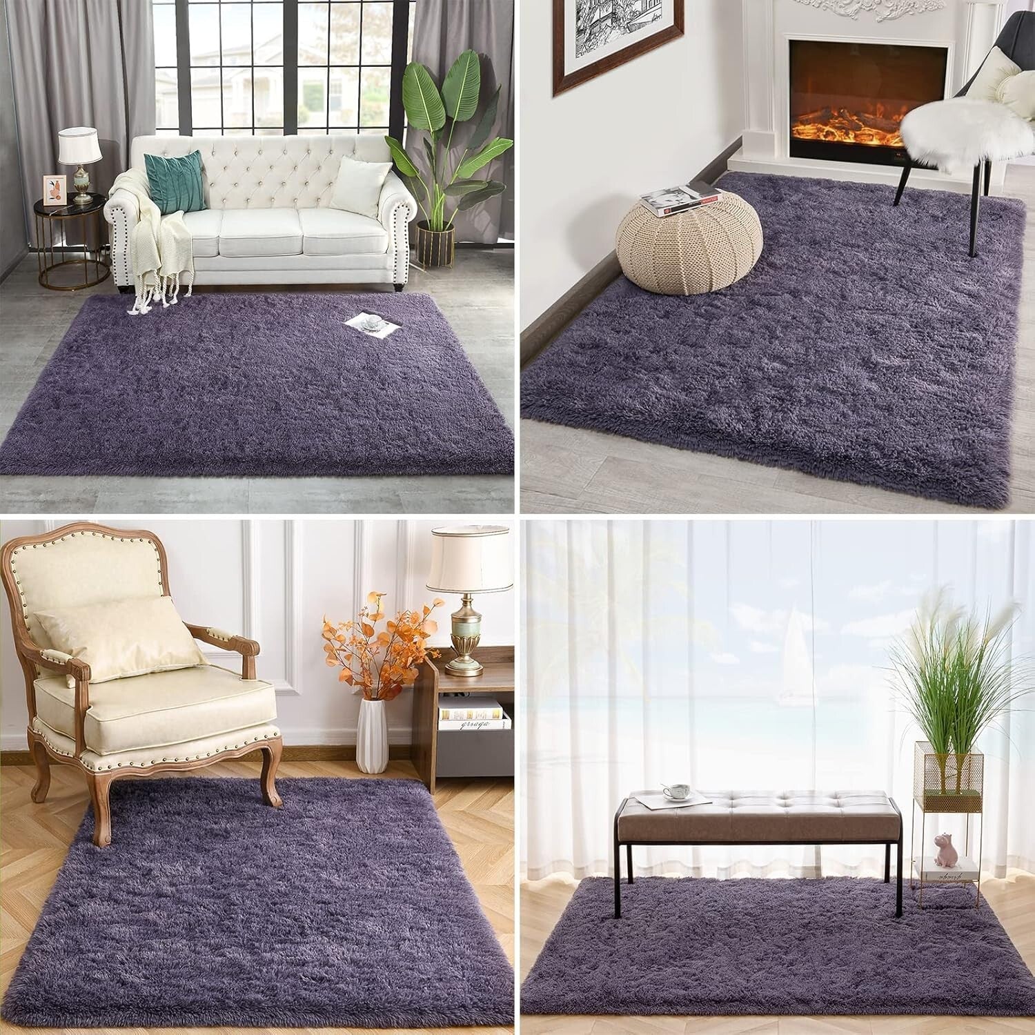 Fluffy 10x12 Gray Purple Area Rug - Non-Slip Carpet for Living Room & Bedroom