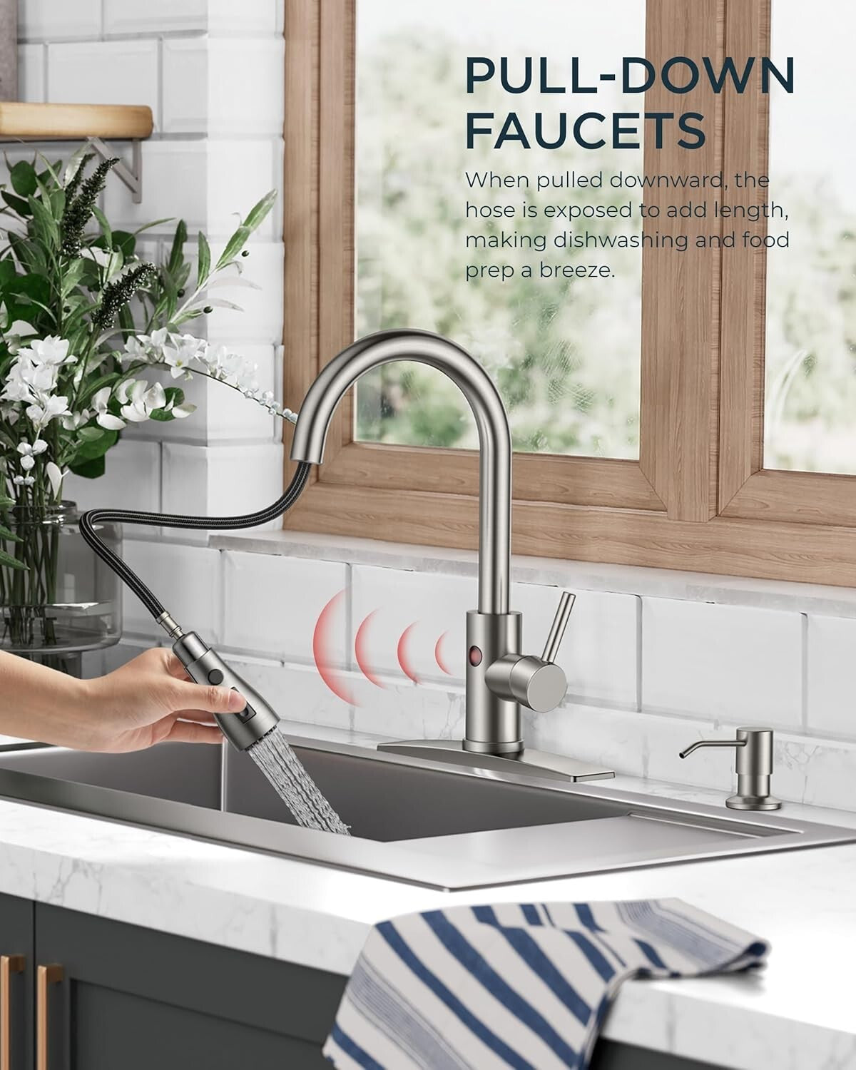 Touchless Kitchen Faucet with Soap Dispenser - Brushed Nickel, Hands-Free Luxury