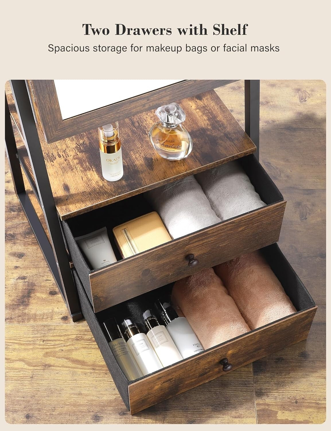 Full-Length Mirror Jewelry Cabinet with Velvet Compartments & 2 Drawers