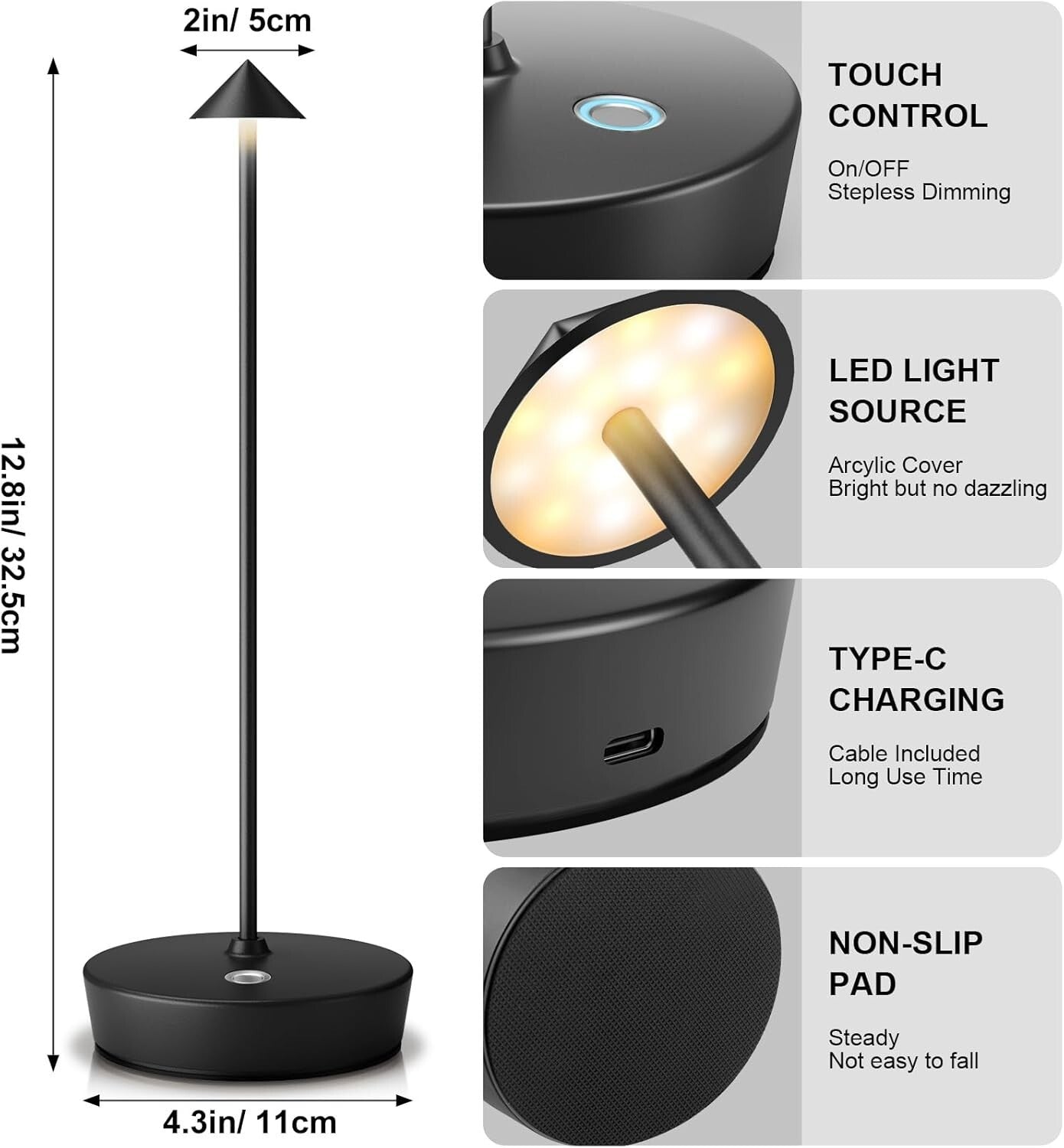 2-Pack Cordless Rechargeable LED Table Lamp with Adjustable Brightness - Black