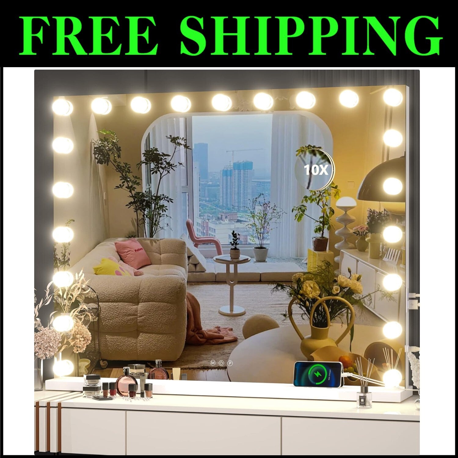 Illuminated Vanity Mirror with 21 Dimmable Bulbs & 10X Magnification, 40" x 29"