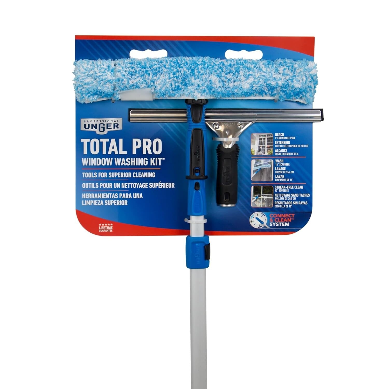 Complete Window Cleaning Kit: Squeegee, Scrubber & Extendable Pole - Blue/Black