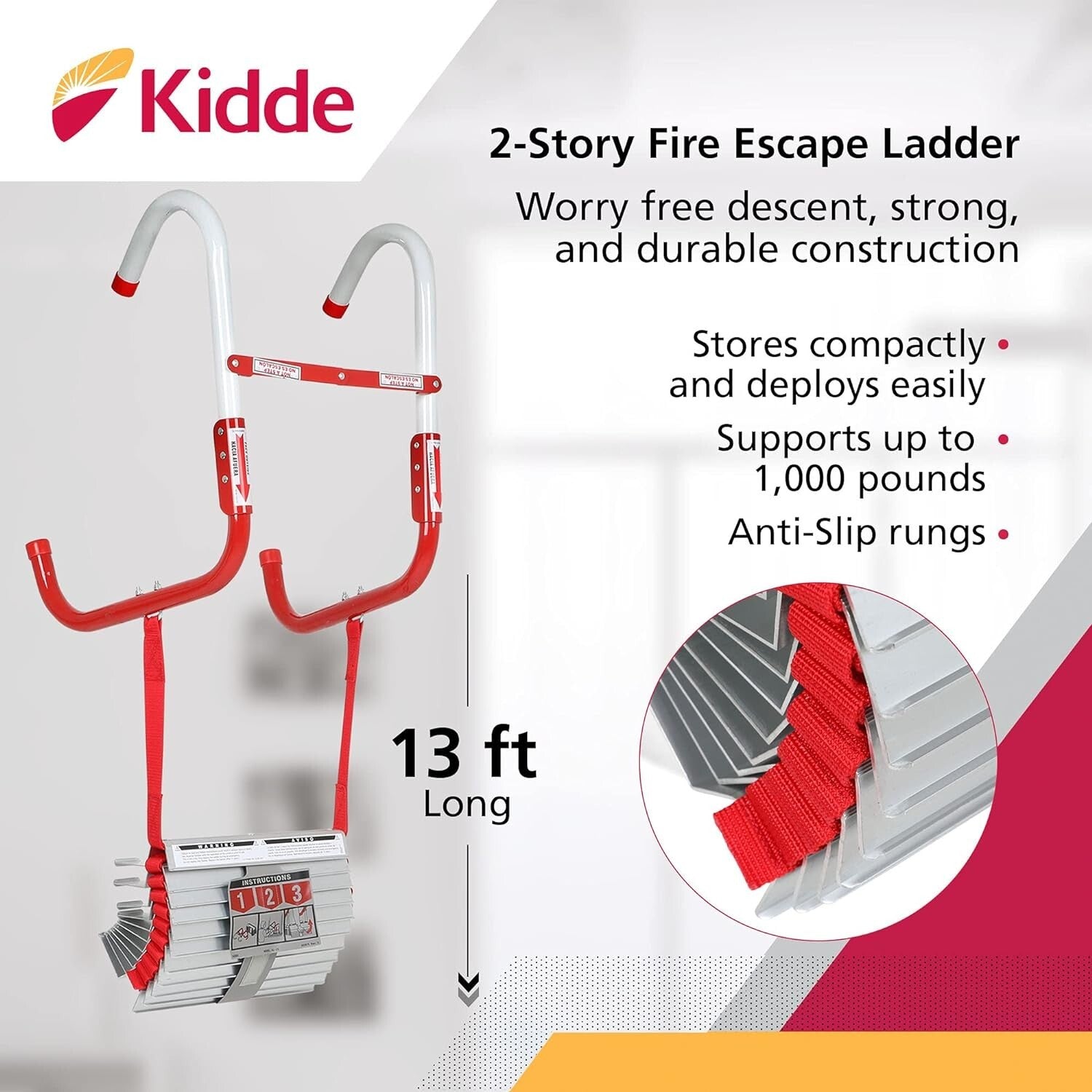 13-Foot Fire Safety Ladder with Zinc-Plated Rungs - Ideal for Emergency Use