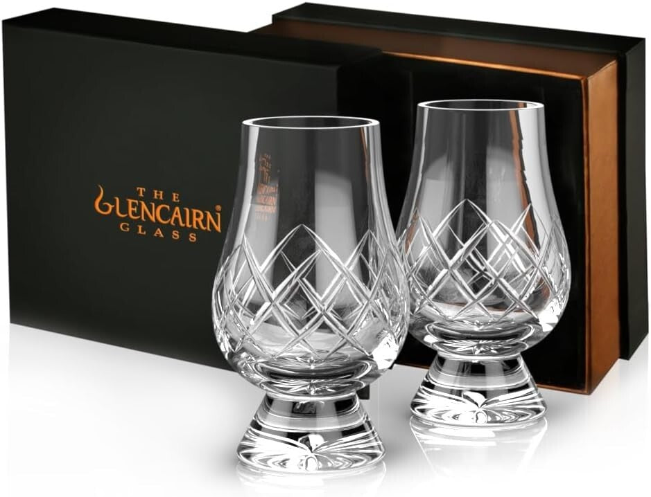 Elegant Mouth Blown Whiskey Glass Set of 2 - Traditional Cut Design, Gift Boxed