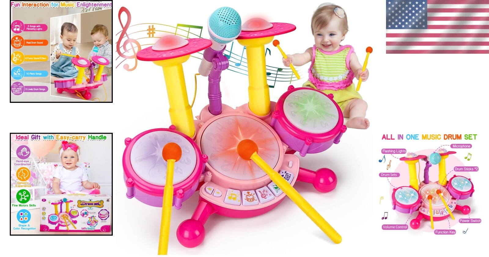 Fun Pink Drum Set Toy for 1-2 Year Old Girls - Perfect Early Development Gift