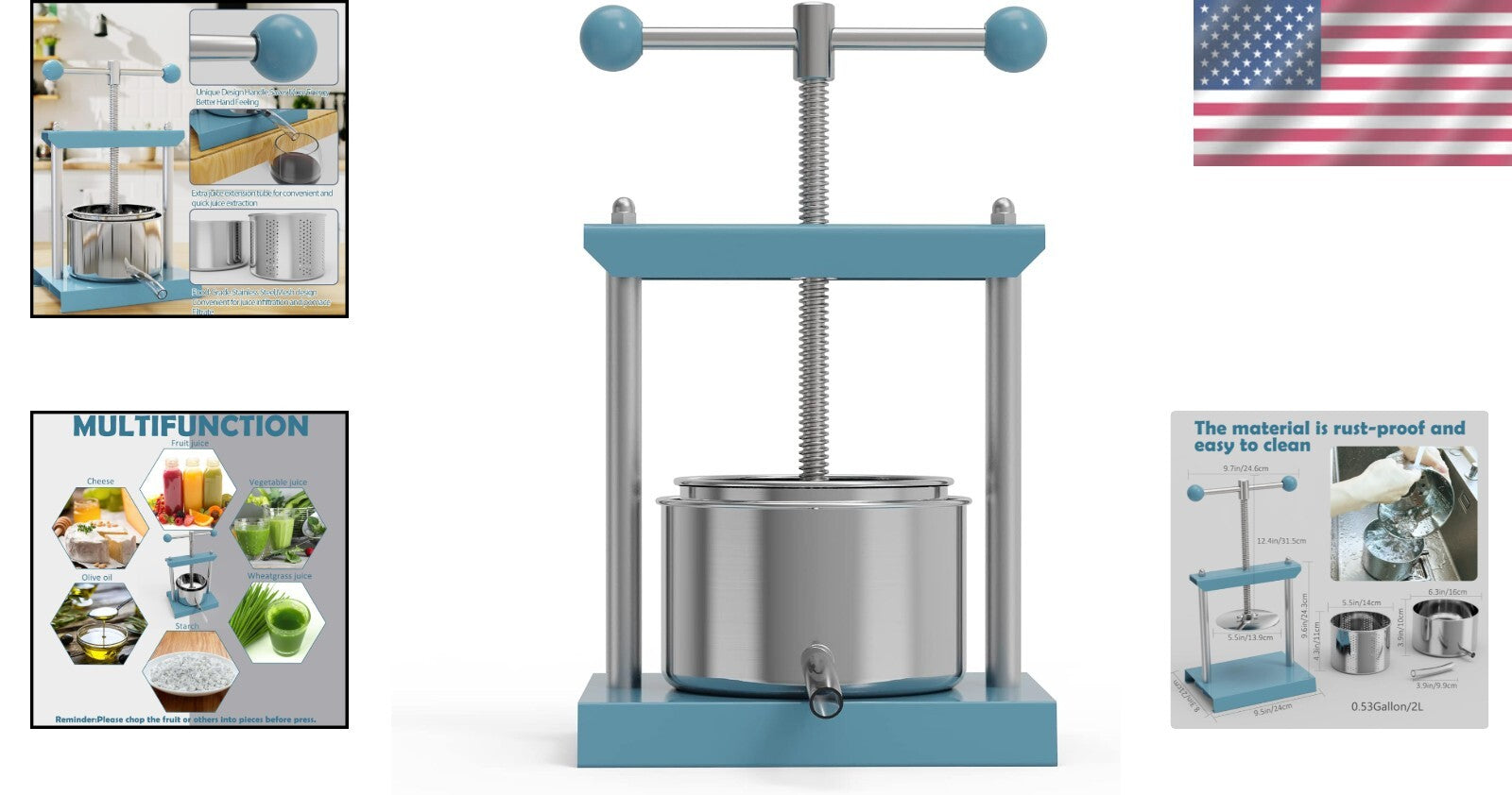 Blue Manual Juice Press, 2L Stainless Steel & Iron - Effortless Fruit Extractor