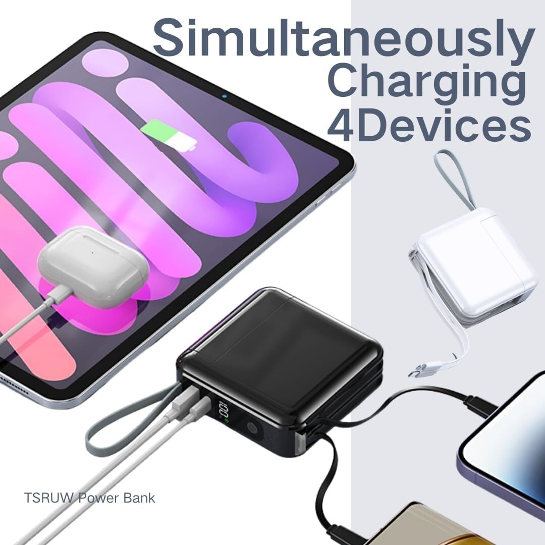 4-in-1 LED Display Power Bank with Built-in Cables - Lightweight & Travel Ready