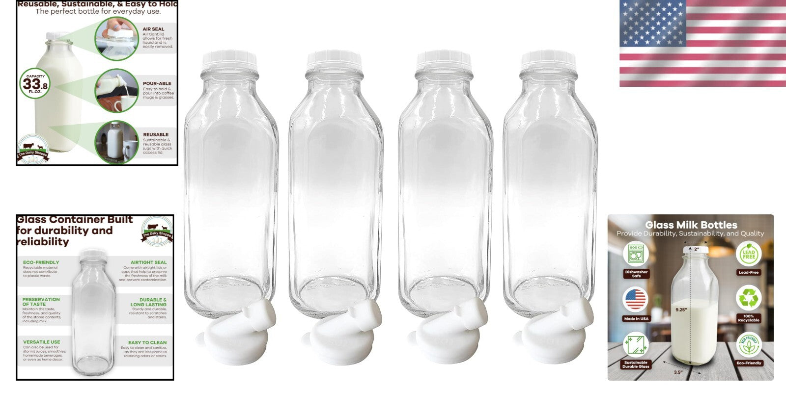 Elegant 4-Pack Clear Glass Milk Bottles - 33.8 oz with Durable Pour Spouts