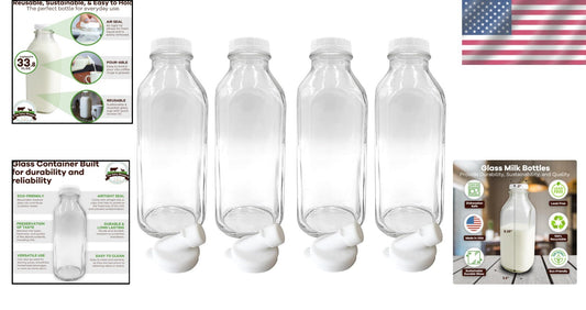 Elegant 4-Pack Clear Glass Milk Bottles - 33.8 oz with Durable Pour Spouts