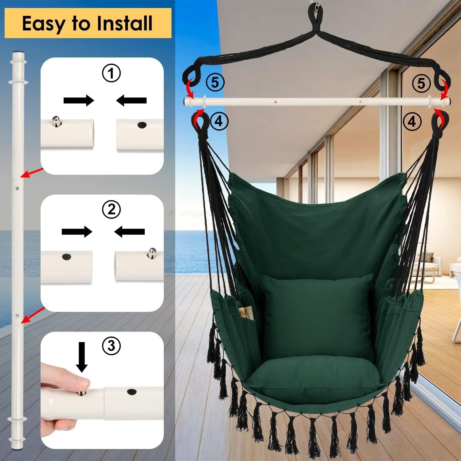 Comfortable Macrame Hanging Chair with Cushions & Side Pocket - Up to 500 lbs