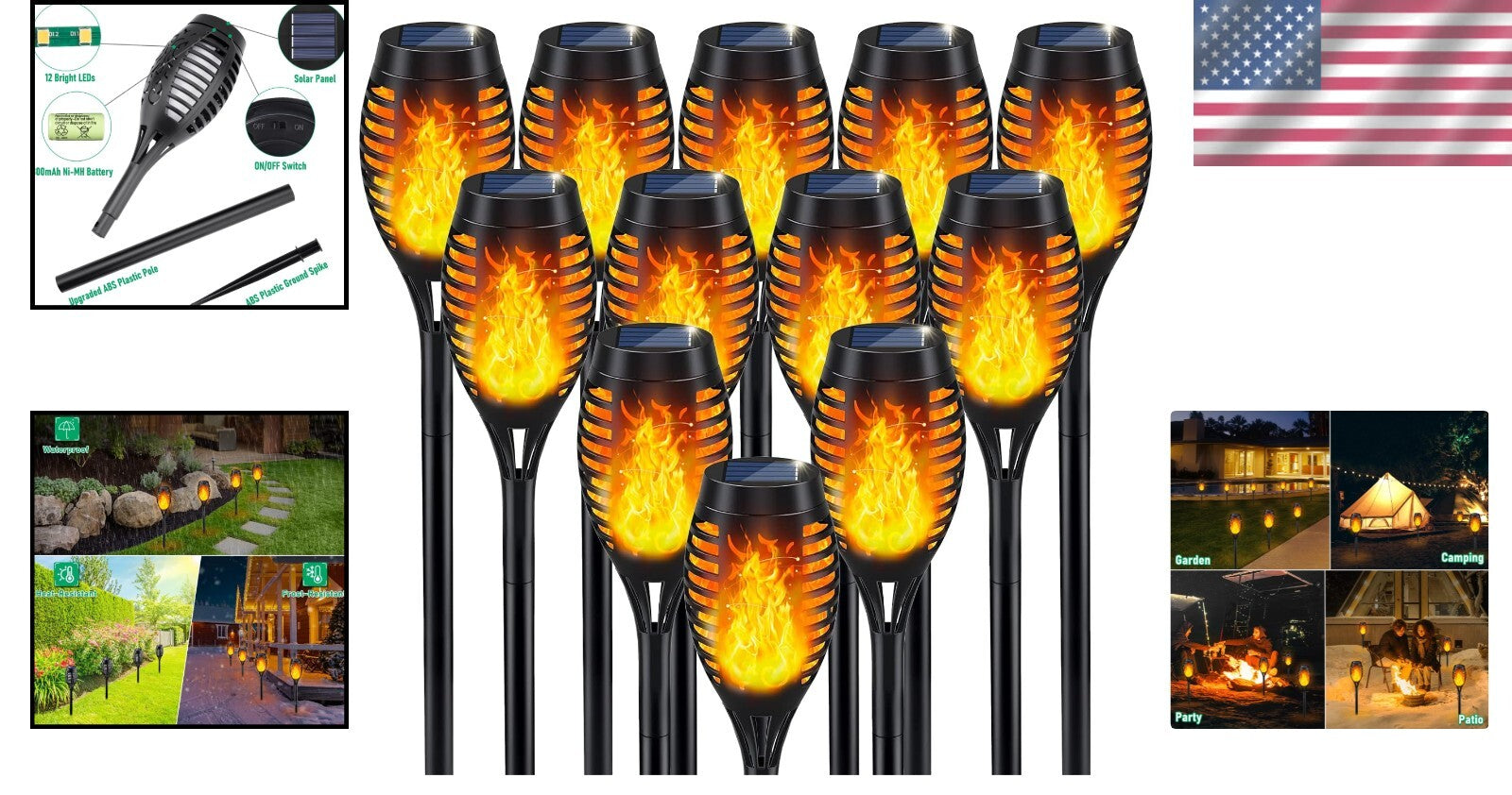 12-Pack Solar Flame Torch Lights - Waterproof Outdoor Decor for Patio & Garden