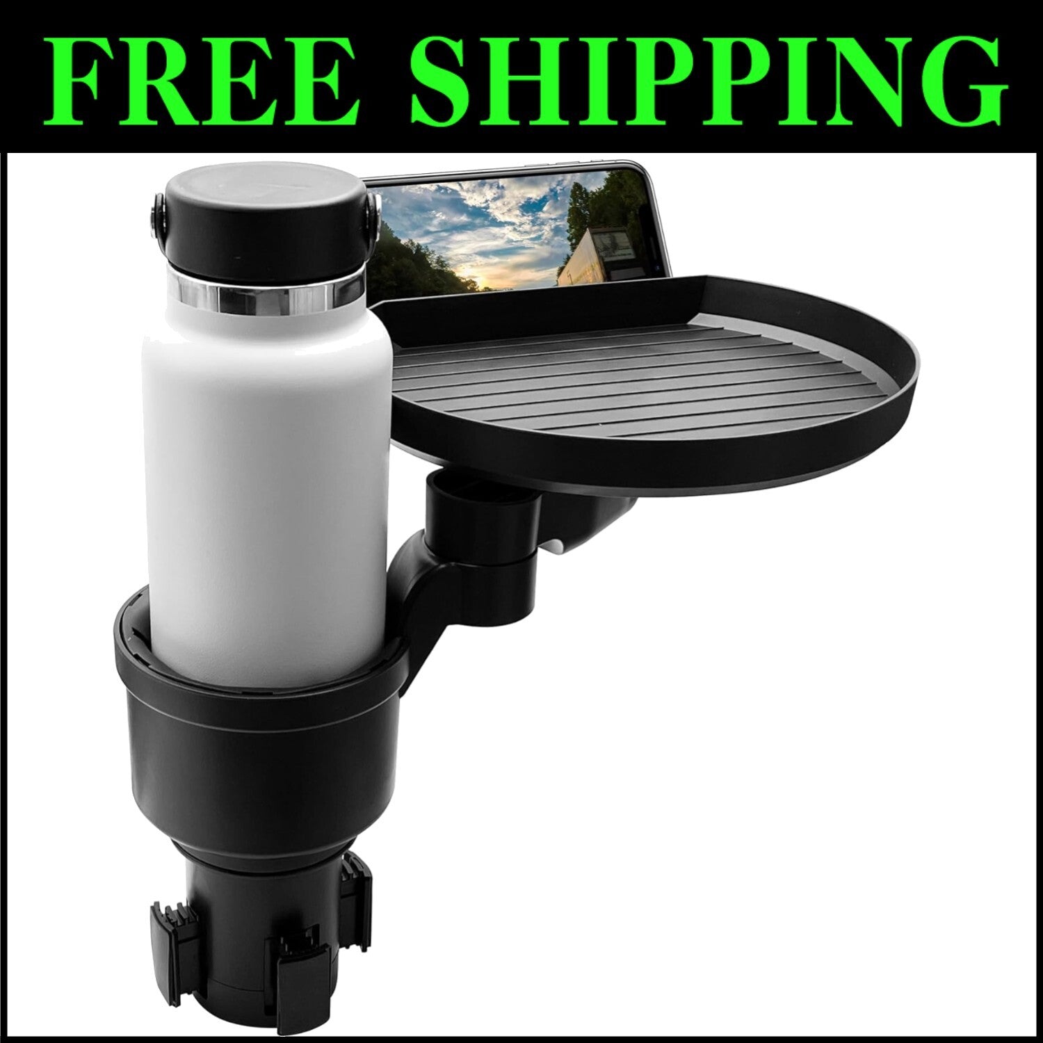 Car Cup Holder Extender with Food Tray and Phone Slot - 360° Rotating Design