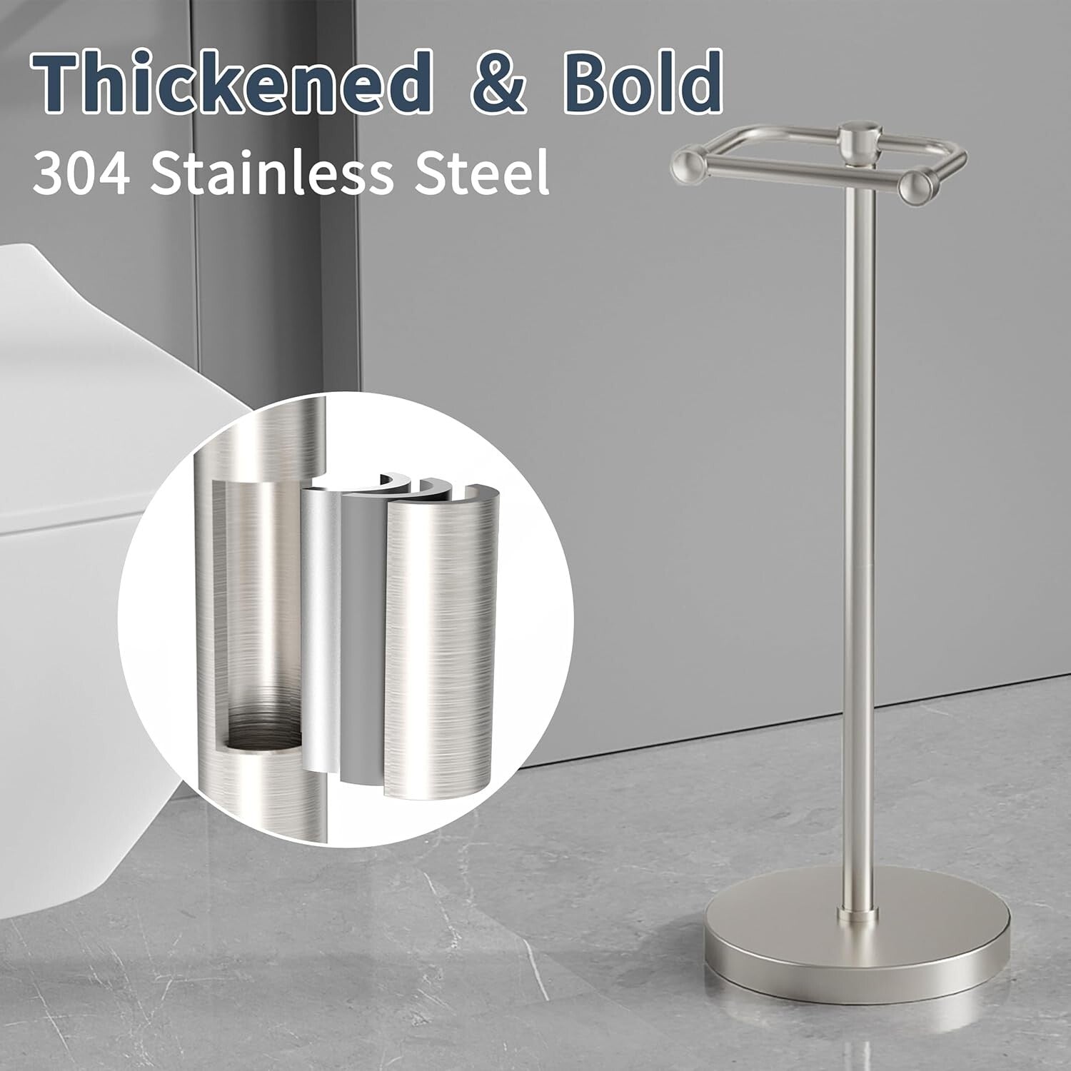 Floor Standing Toilet Paper Holder – Pivoting Stainless Steel with Stable Base