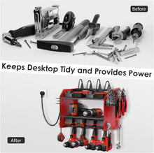 Load image into Gallery viewer, Dual-Tier Power Tool Storage Shelf w/ Surge Protector &amp; Built-in Battery Holder