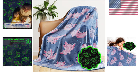 Twin Size Soft Axolotl Fleece Blanket – Cozy Glow in the Dark Decor for Kids