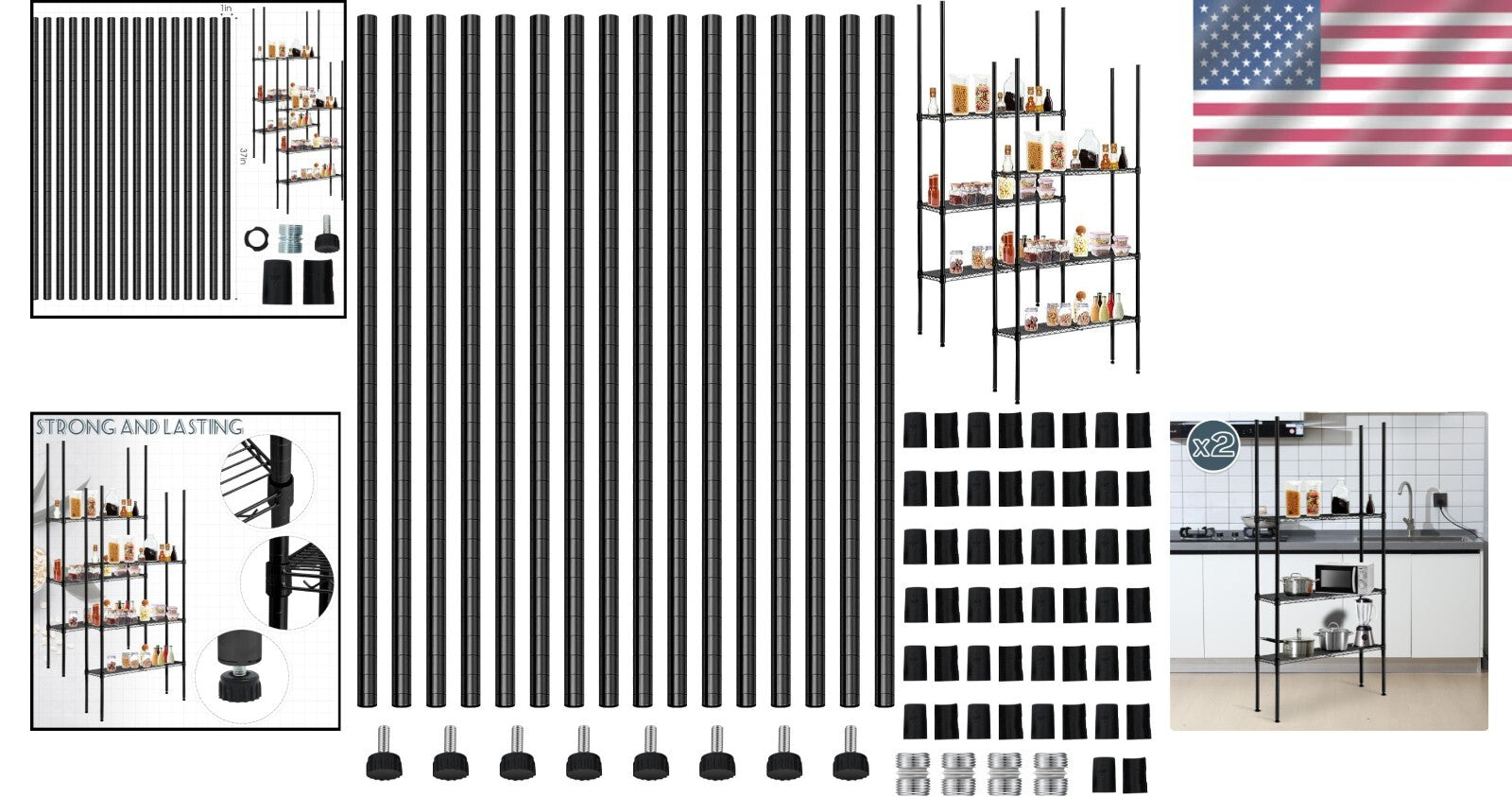 Durable 74 Inch Chrome Shelving Poles with 100 Clips for Versatile Storage