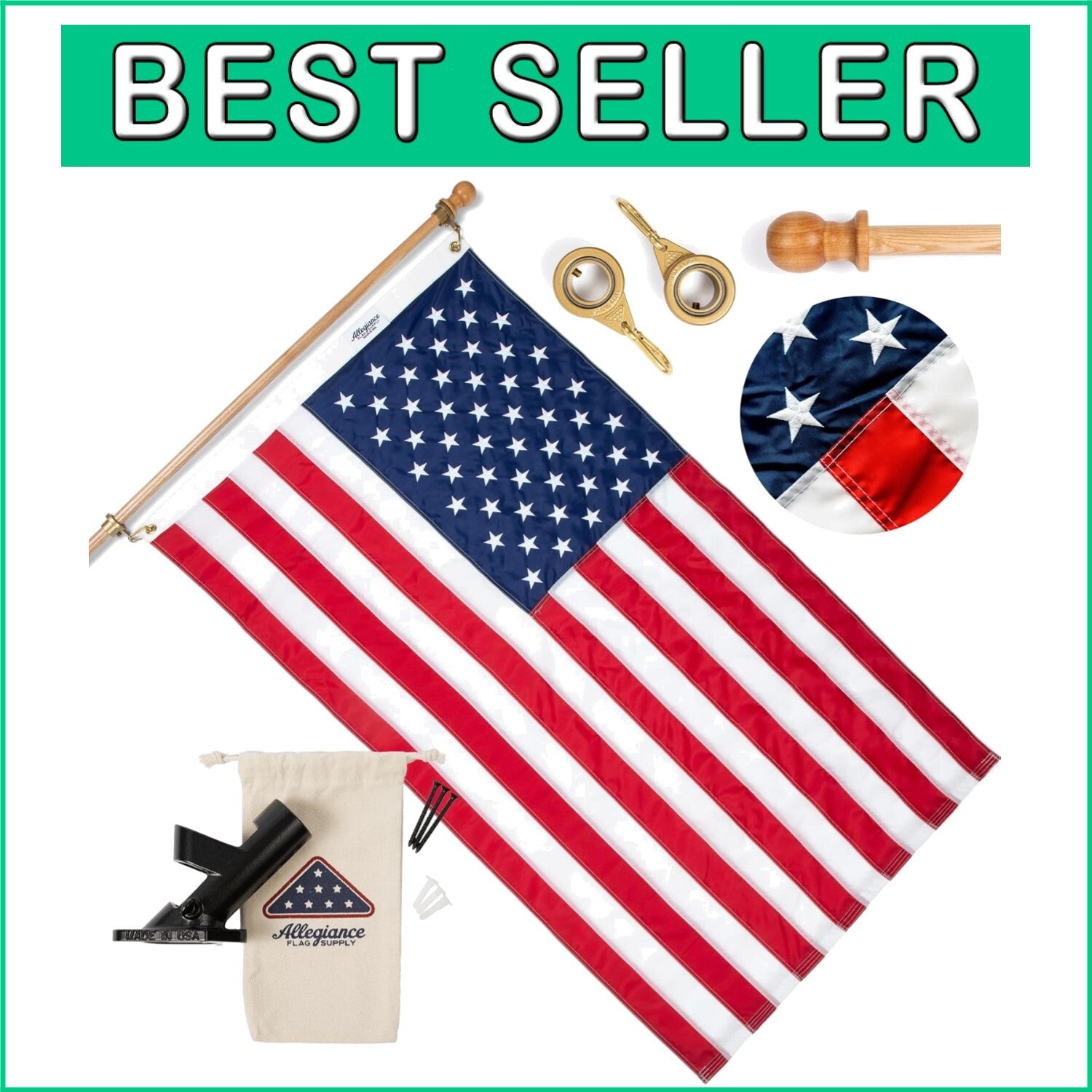 Pre-Assembled American Flag Set | 3' x 5' - Embroidered Stars & Hand-Stitched