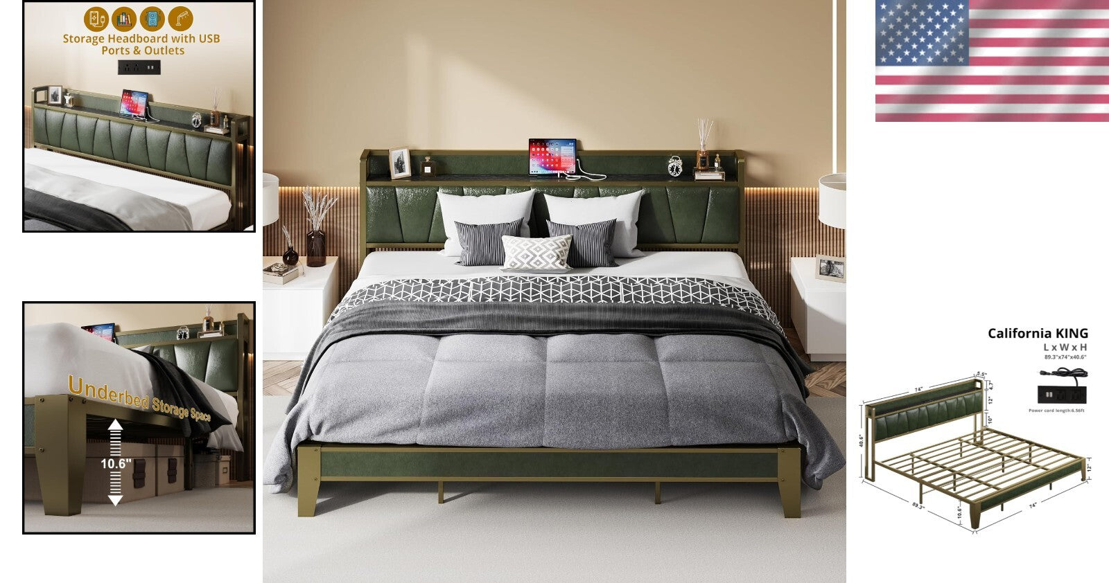 Elegant Dark Green California King Platform Bed with Convenient Charging Station