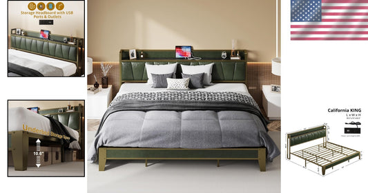 Elegant Dark Green California King Platform Bed with Convenient Charging Station