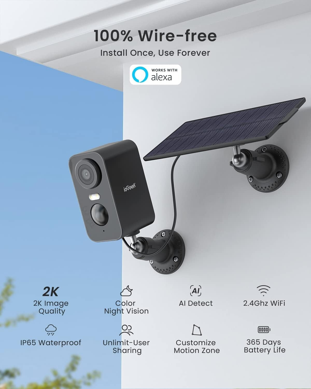 Smart Home 2-Pack Solar Security Cameras with Color Night Vision & AI Alerts