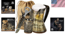 Load image into Gallery viewer, Authentic 16oz Ox Horn Mug Set: Vintage Viking Tankard with Shot Glass &amp; Opener