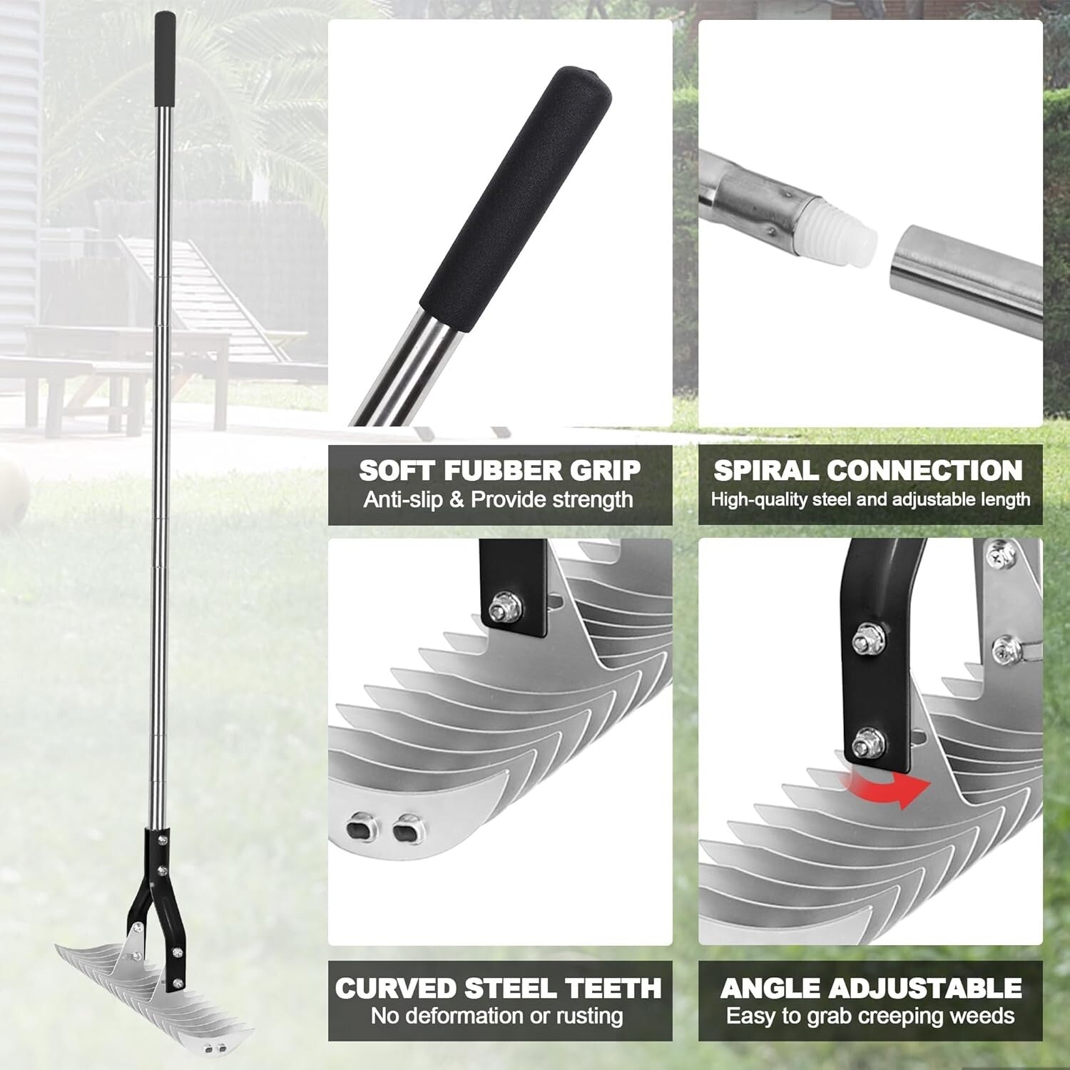 15-Inch Heavy-Duty Thatch Rake with Adjustable Stainless Steel Handle for Lawns