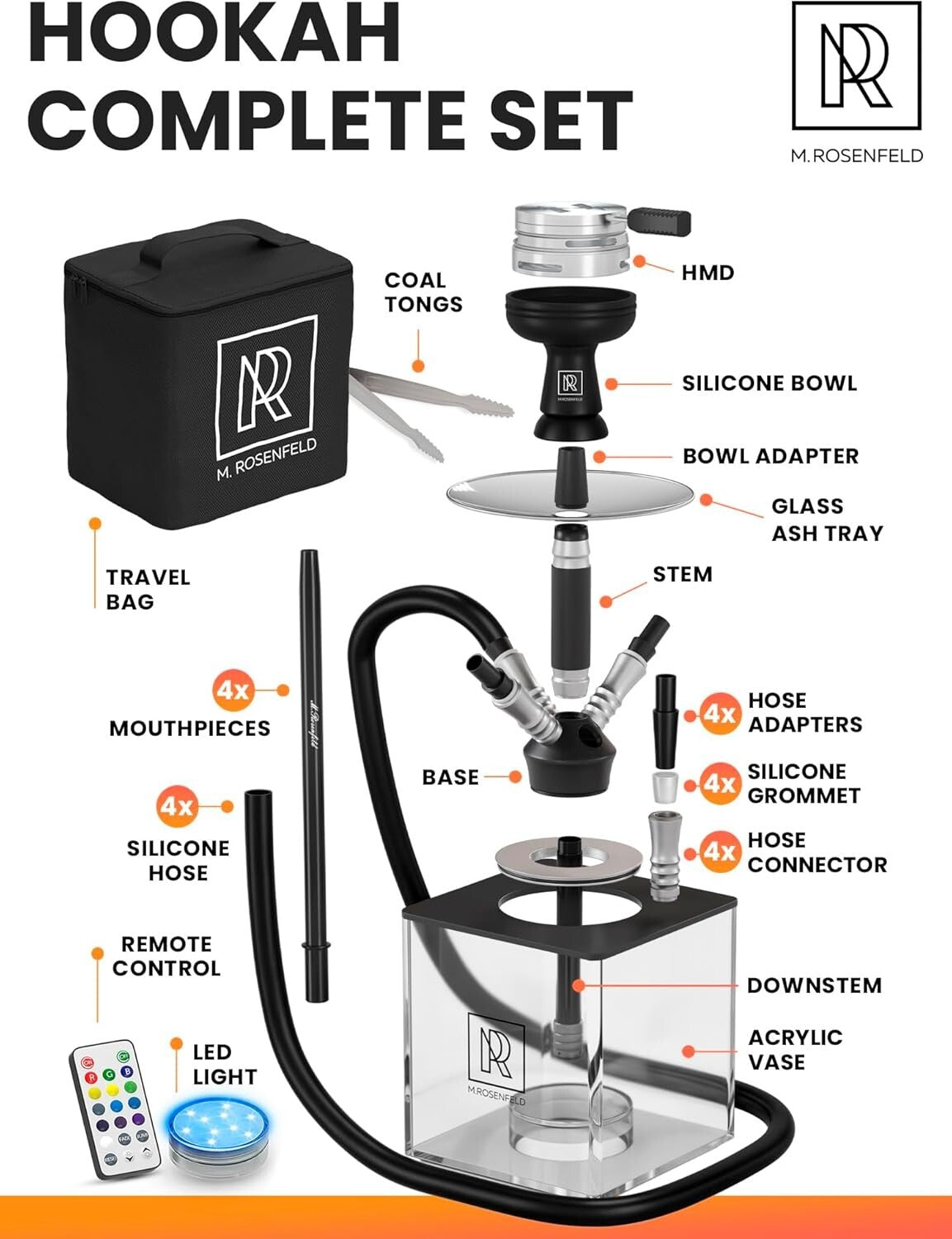4 Hose Premium Hookah Set with LED Light - Complete Acrylic Kit & Accessories