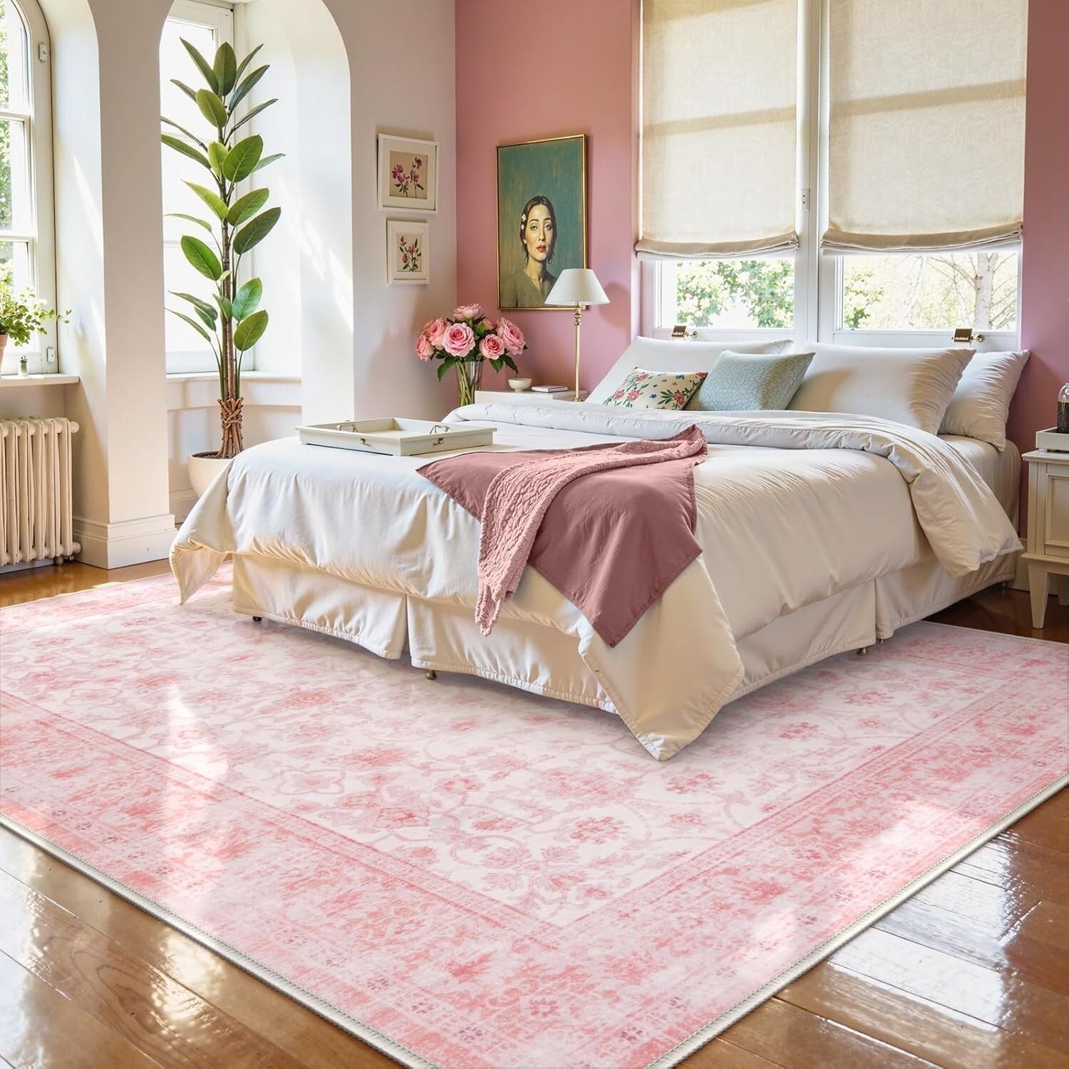 Elegant 8x10 Pink Floral Area Rug - Soft Washable Faux Wool for Living Spaces