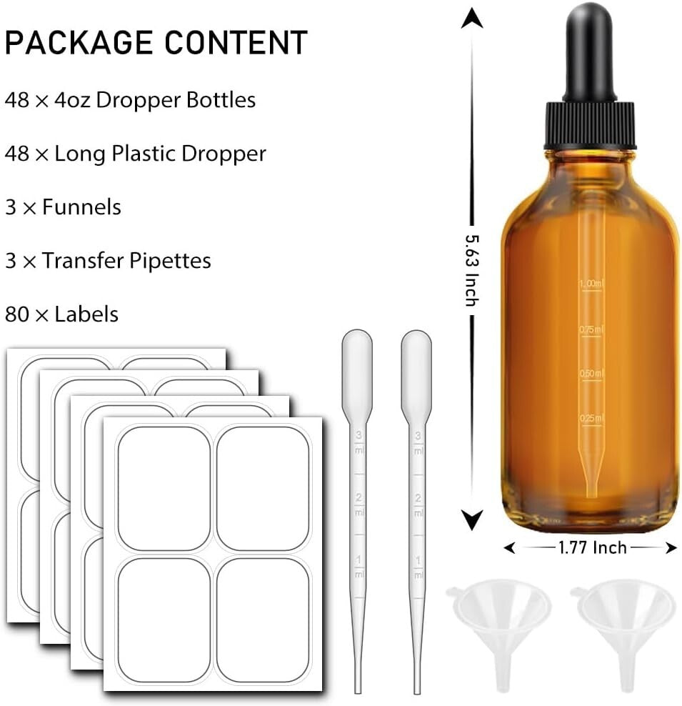 Bulk 48 Pack of 4 oz Leakproof Amber Glass Dropper Bottles with Labels & Funnels