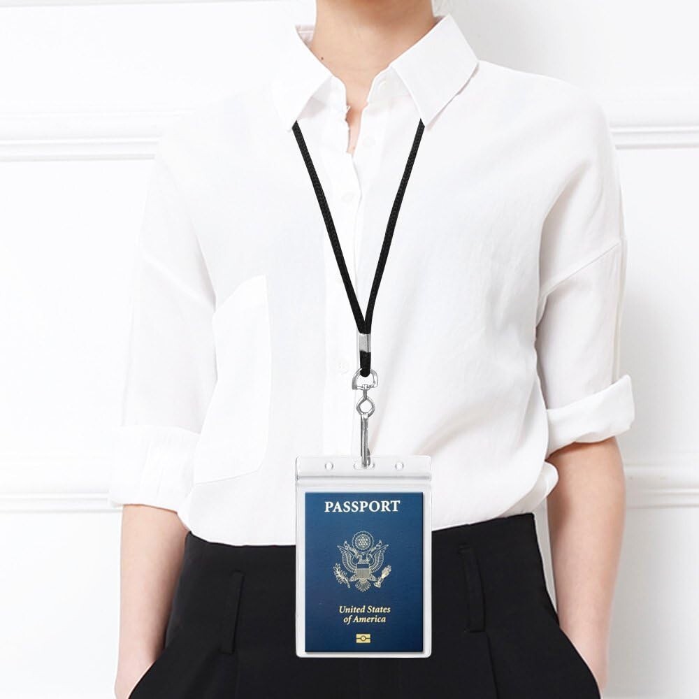 Durable Clear PVC 50-Pack Passport and ID Holders with Black Lanyards Included