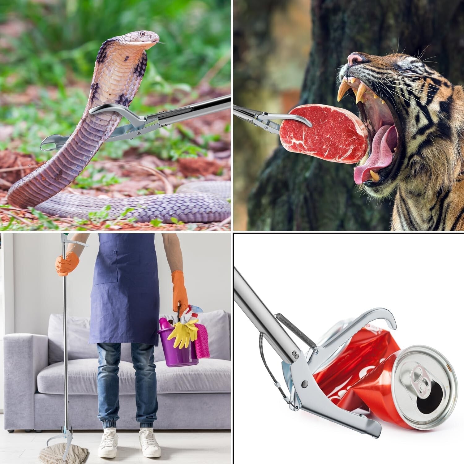 Extra Long 60” Stainless Steel Snake Tongs with Non-Slip Grip - Catch Humanely