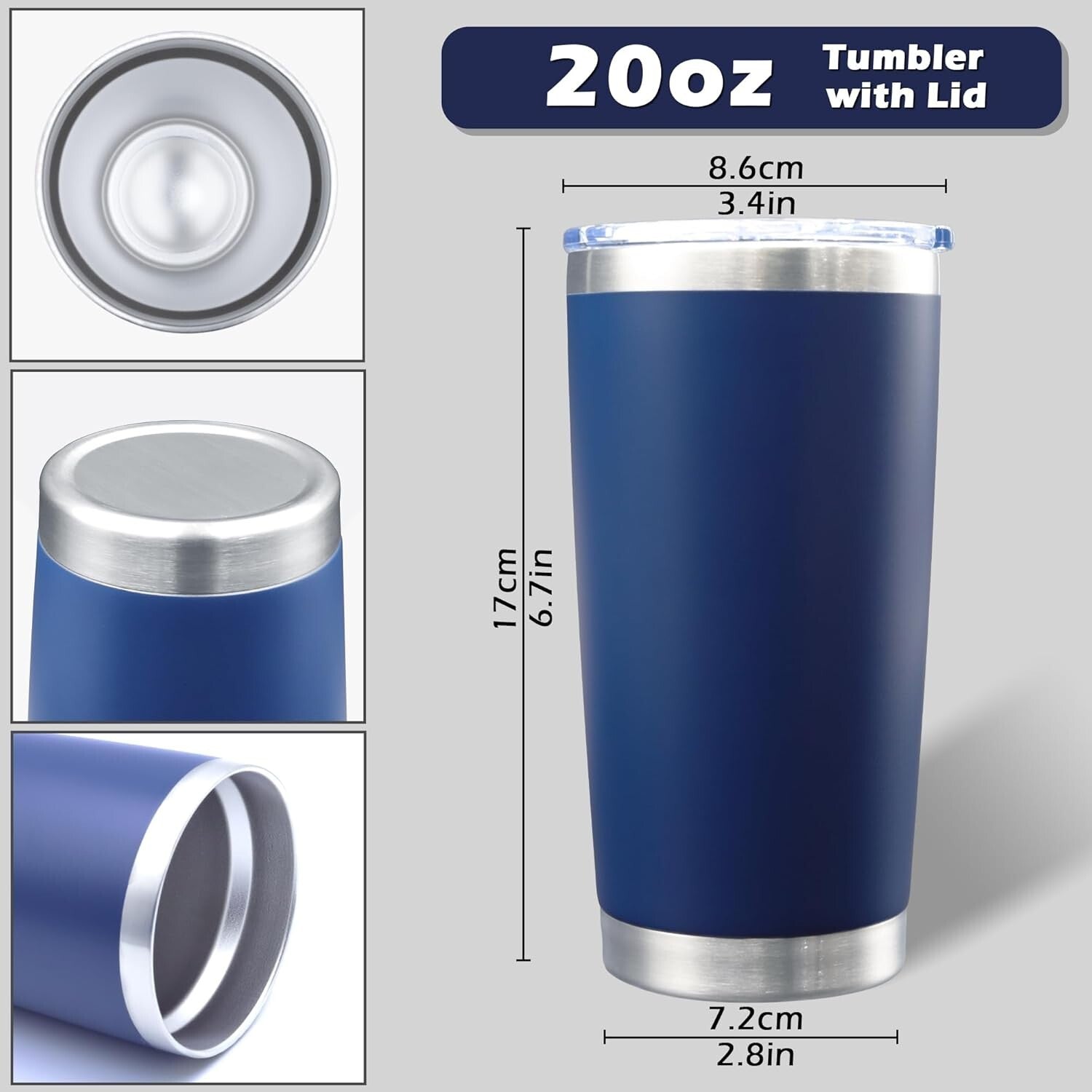 12 Pack Navy Blue Stainless Steel Tumblers with Lid - 20oz Insulated Travel Mugs