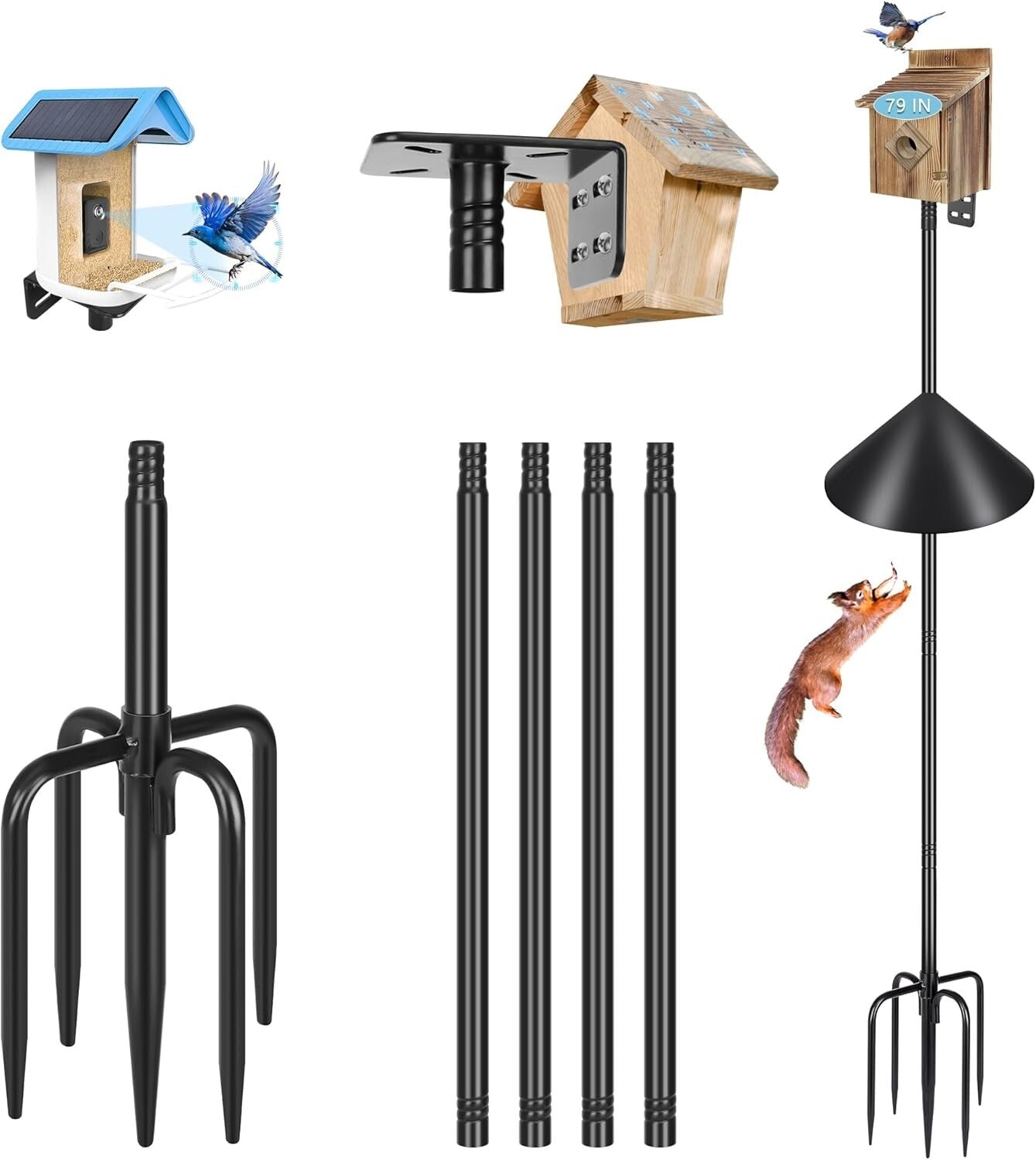 Black Freestanding Bird Feeder Pole with 19-Inch Squirrel Baffle - 79 Inches