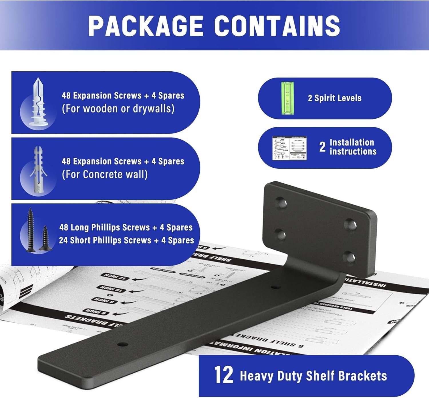 Durable 12 Pack Floating Shelf Brackets - 8 Inch Black, 160 lbs Weight Capacity